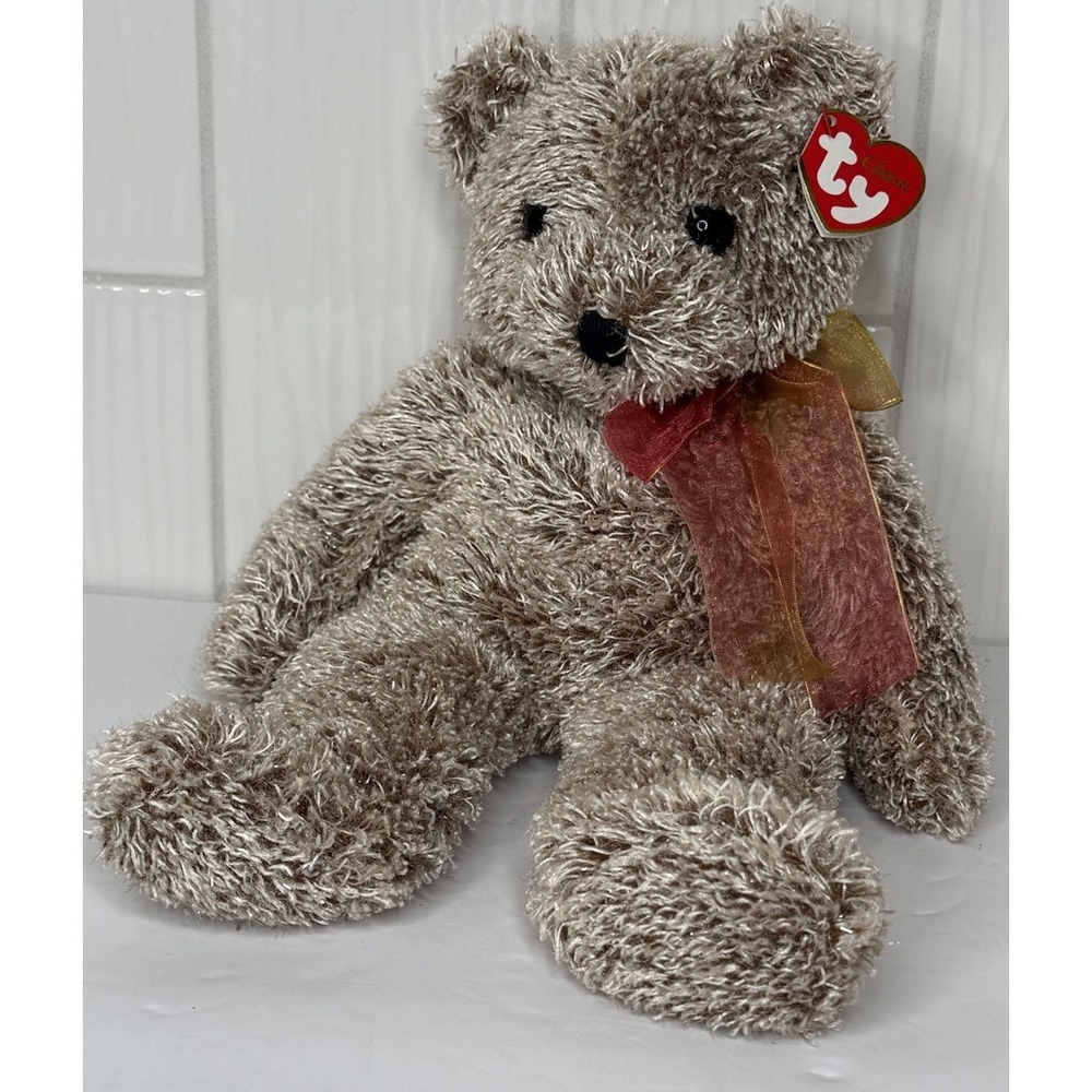 VTG 2002 Ty Beanie Buddy JAVA the Bear 14" Plush Tan & Gold Teddy Bear Tag EUC